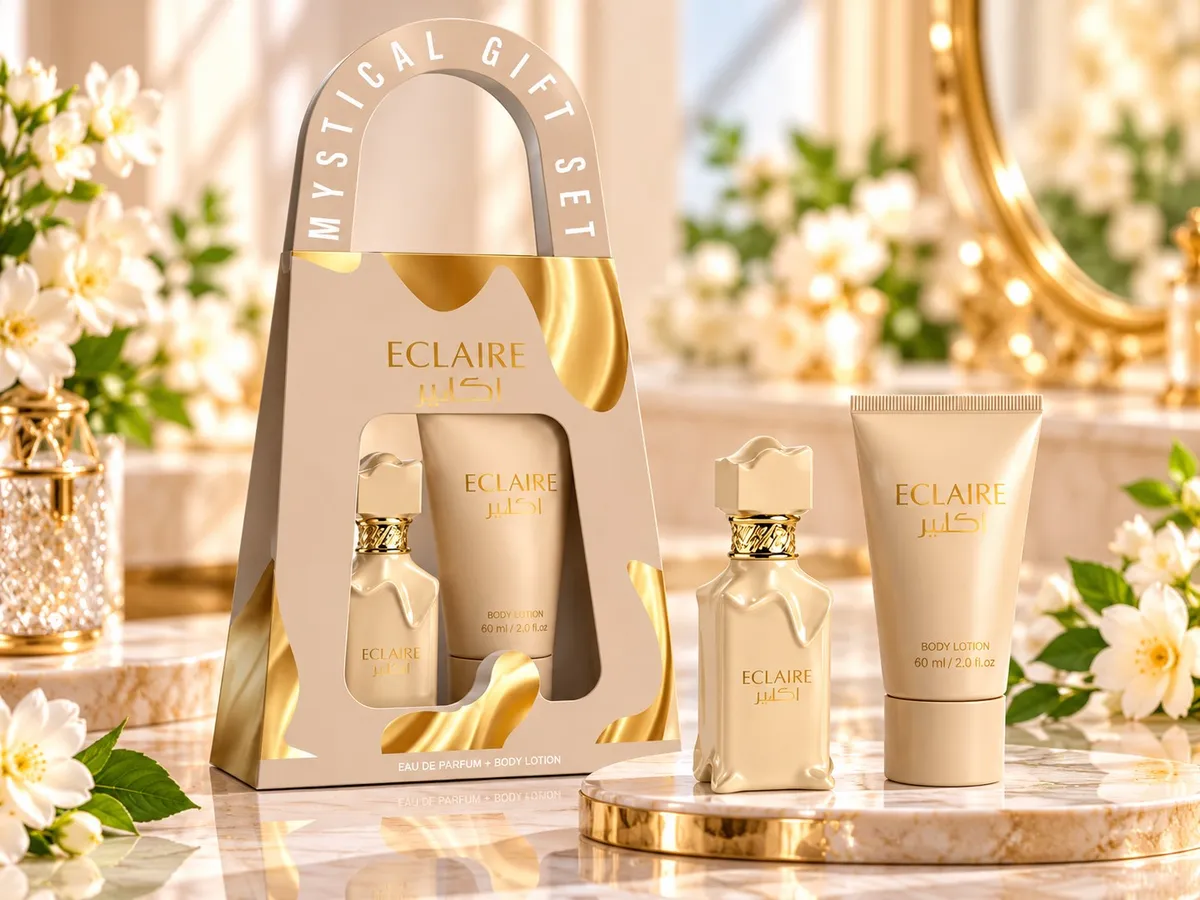 Zestaw prezentowy ECLAIRE z perfumami 30ml i balsamem do ciała 60ml w beżowo-złotym opakowaniu na marmurowym blacie