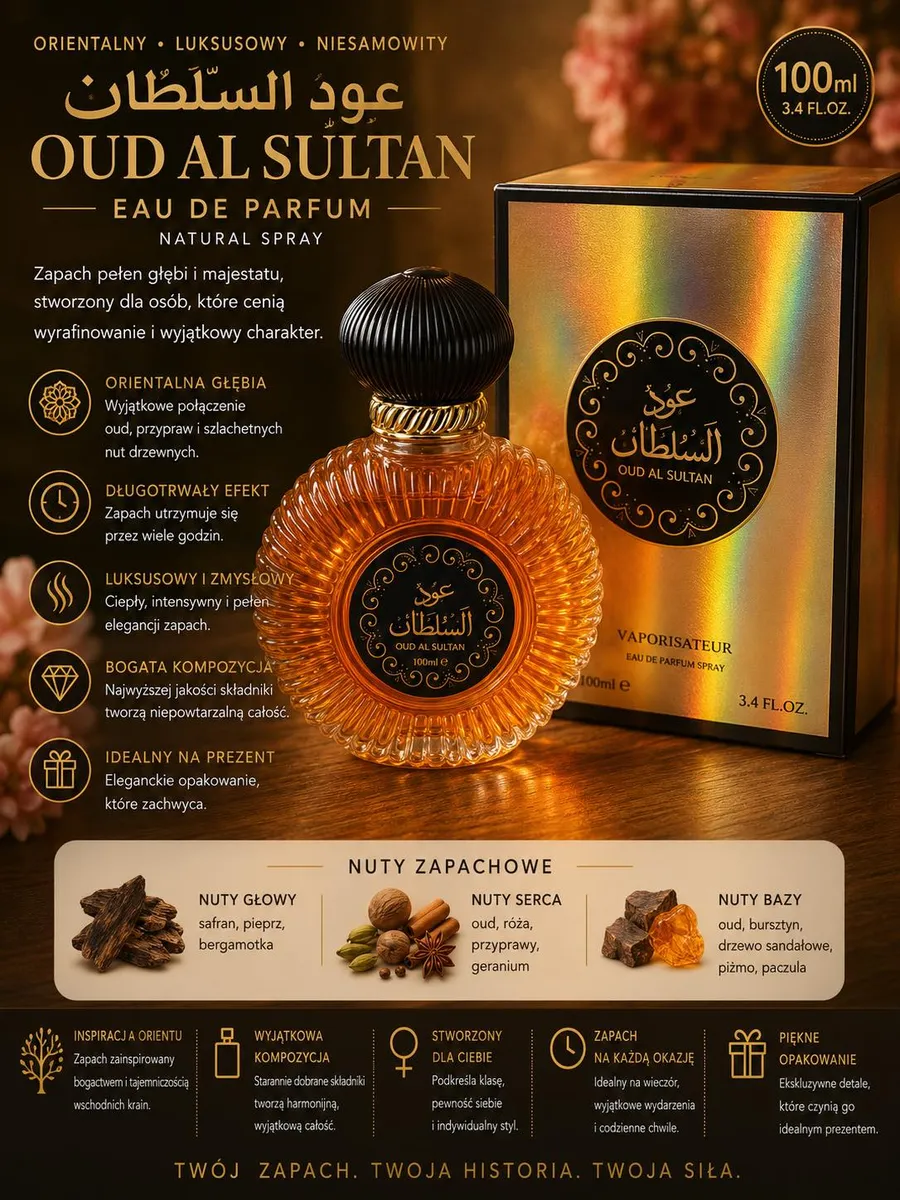 Butelka perfum Oud Al Sultan 100ml z bursztynowym płynem i czarną nakrętką obok holograficznego opakowania
