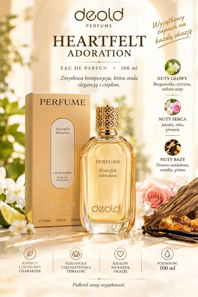 Butelka perfum Deold Heartfelt Adoration 100 ml z złotym korkiem i opakowaniem w złotym kolorze