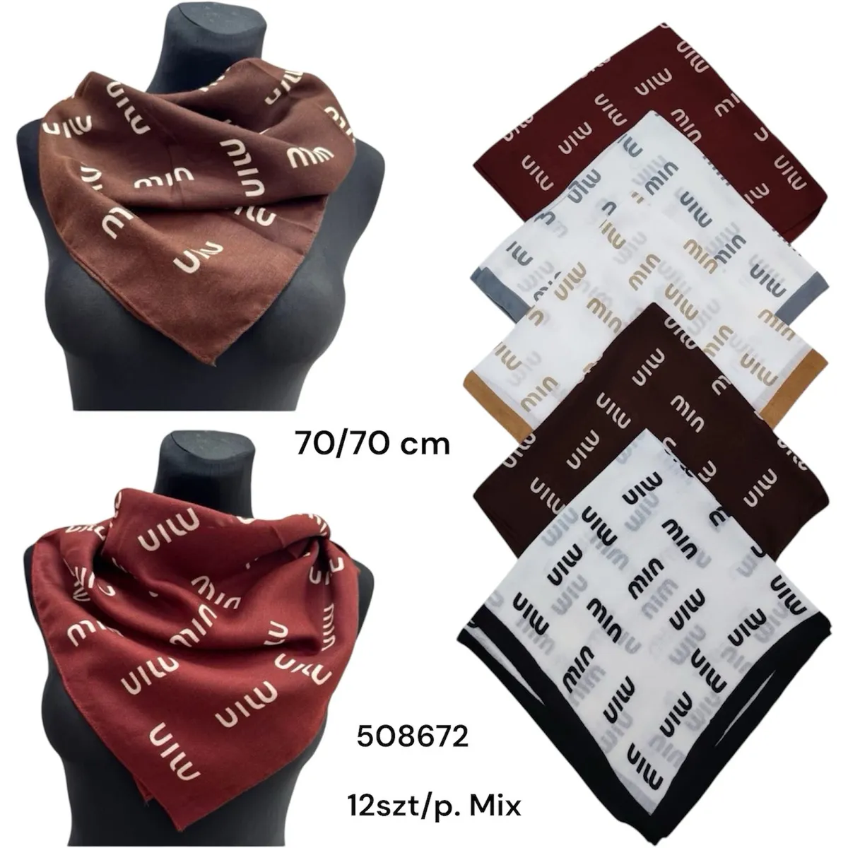 Chusty damskie 70x70 cm w mixie kolorów brąz, biały z nadrukiem literowym