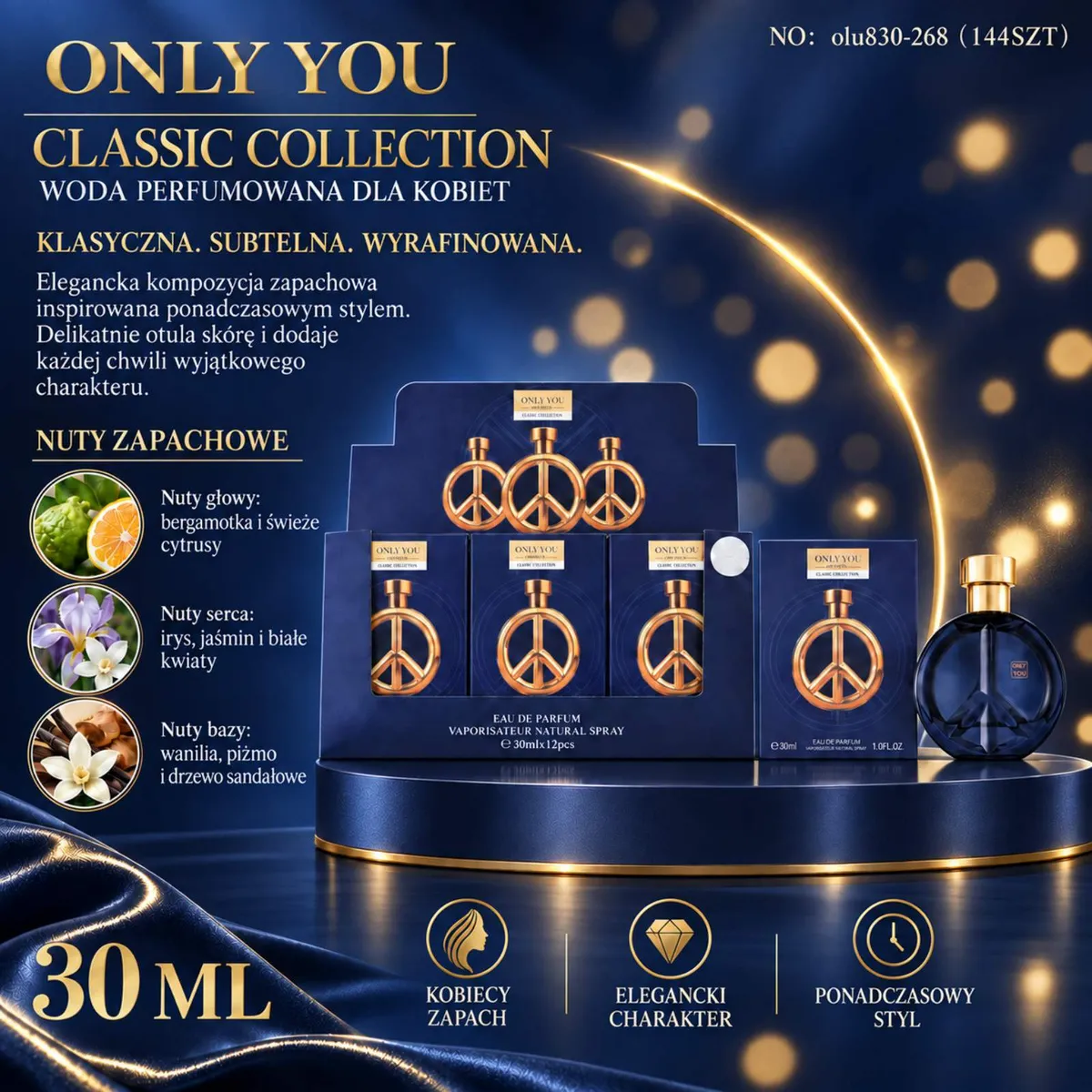 Granatowe opakowanie i butelka perfum Only You Classic Collection 30 ml z złotym logo