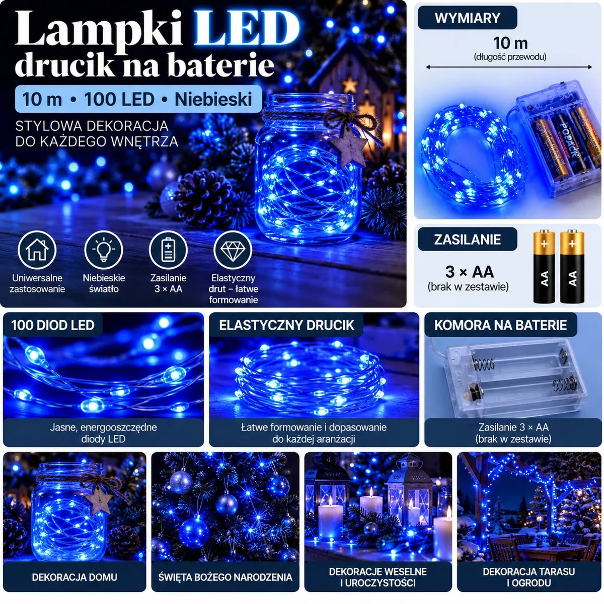 Lampki LED drucik 10 m z 100 niebieskimi diodami na baterie AA, elastyczny przewód i przezroczysta komora baterii