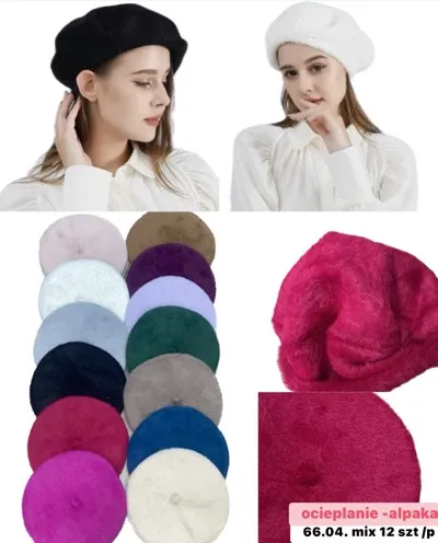 Berety damskie ocieplane z alpaki w różnych kolorach, pokazane na modelkach i w zestawie 12 sztuk