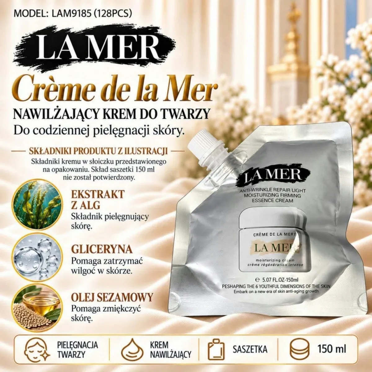 Srebrna saszetka kremu La Mer 150 ml z opisem składników i zastosowania
