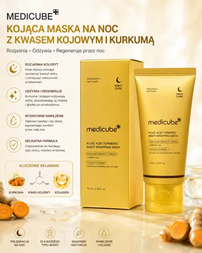 Złocista tubka i pudełko maski na noc Medicube z kwasem kojowym i kurkumą, 75 ml