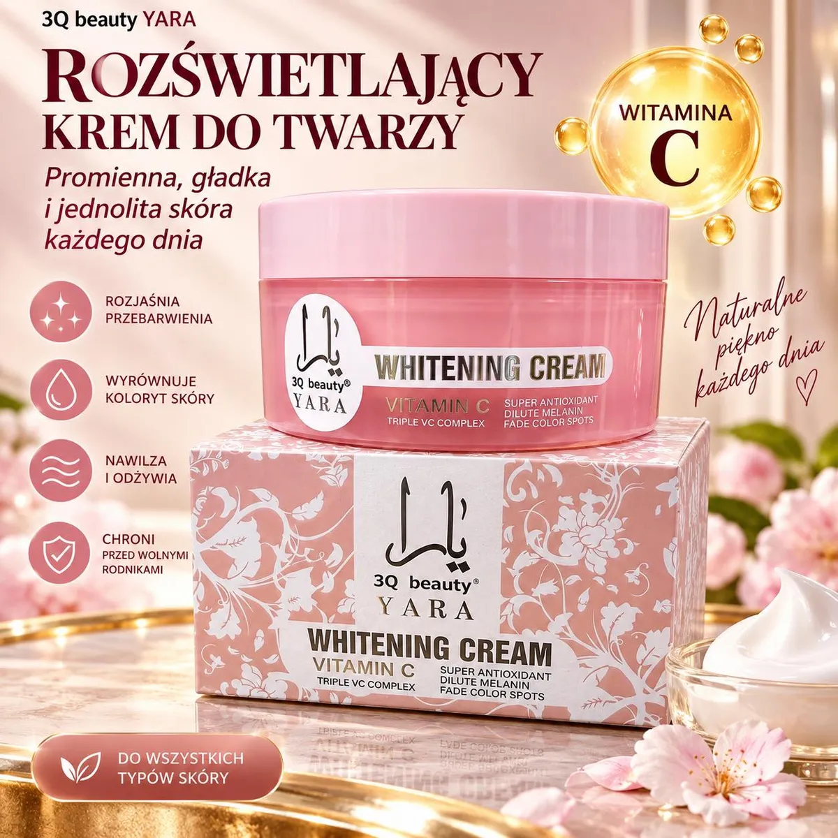 Różowy słoik kremu do twarzy 3Q Beauty YARA na kwiatowym pudełku z opisem właściwości i witaminą C