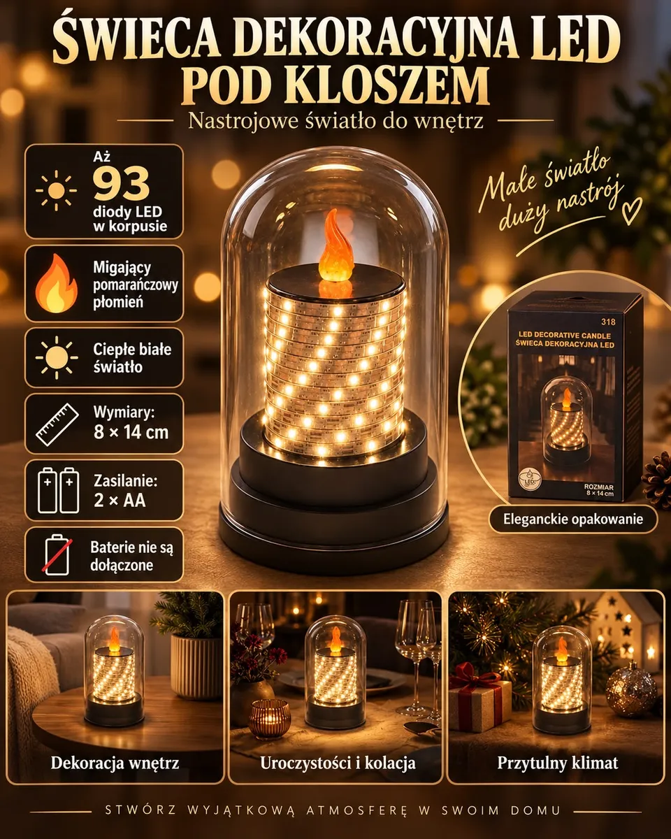 Świeca dekoracyjna LED pod przezroczystym kloszem z migającym pomarańczowym płomieniem