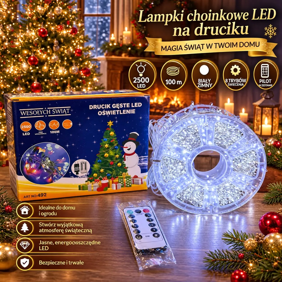 Lampki choinkowe LED na druciku z pilotem i opakowaniem, zimne białe światło, 2500 LED, 100 m