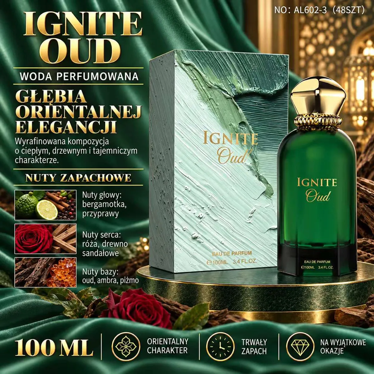 Butelka wody perfumowanej Ignite Oud w zielonym kolorze z złotą zakrętką i opakowanie z teksturą pociągnięć pędzla