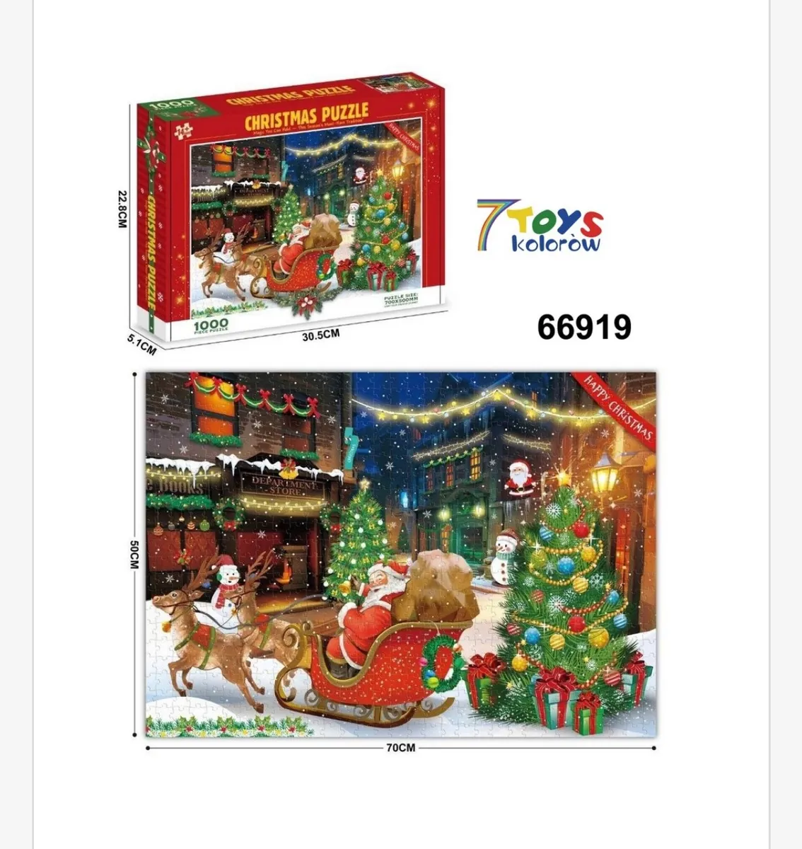 Puzzle świąteczne 1000 elementów z Mikołajem na saniach, reniferami i choinką, wymiary 70x50 cm