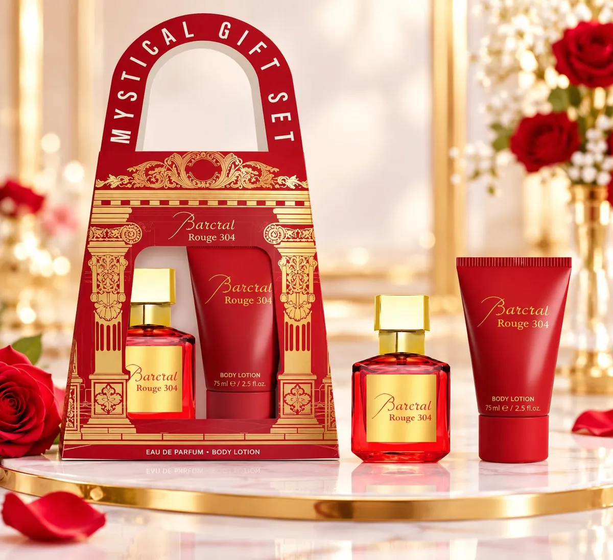 Zestaw prezentowy Barctal Rouge 304 z czerwonymi perfumami i balsamem w złoto-czerwonym opakowaniu