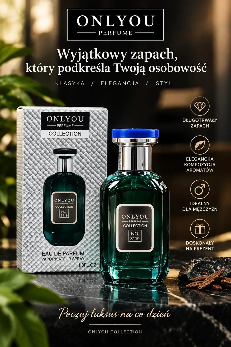 Butelka ciemnozielonej wody perfumowanej Onlyou 30 ml z eleganckim srebrno-niebieskim korkiem i opakowaniem
