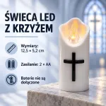 Świeca LED z krzyżem 12,5 cm na baterie biała z czarnym krzyżem