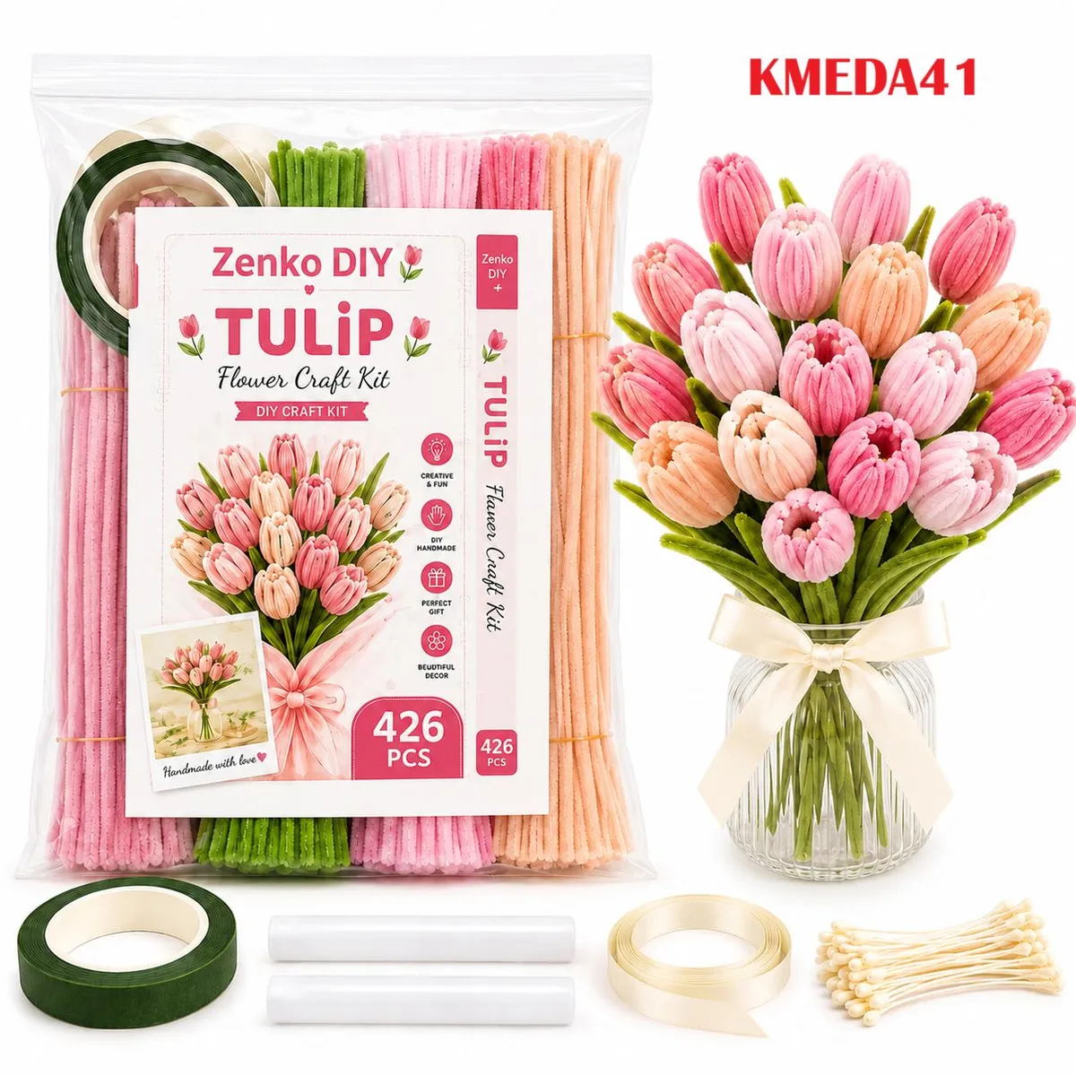 Zestaw kreatywny z drucikami w pastelowych kolorach, taśmą florystyczną, klejem i wstążką oraz bukiet tulipanów z drucików