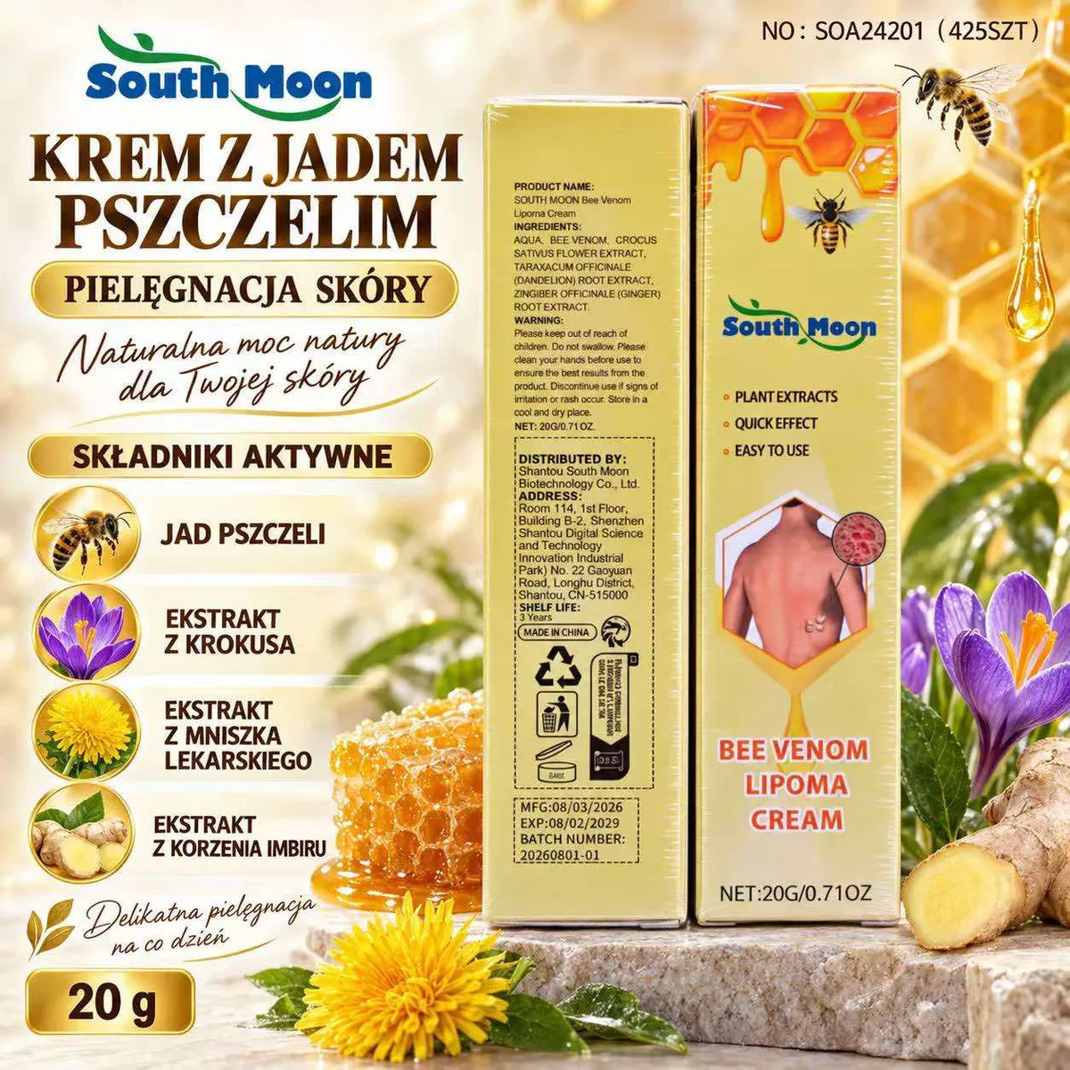 Opakowanie kremu z jadem pszczelim South Moon 20g z grafiką pszczół, miodu i roślin