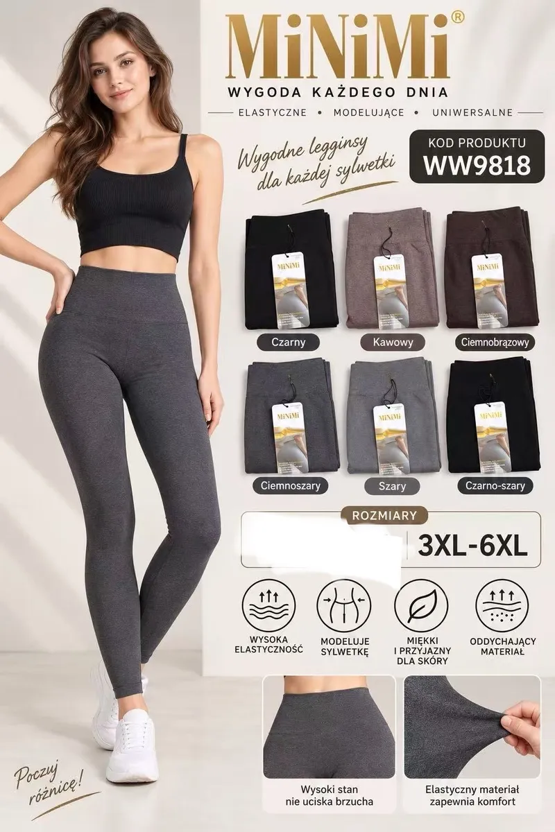 Modelka w szarych legginsach MiNiMi, obok 6 kolorów legginsów i opis cech produktu