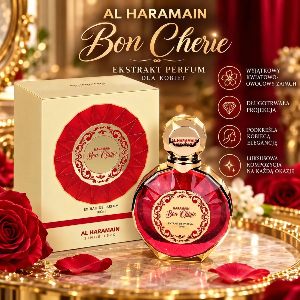 czerwony flakon perfum Al Haramain Bon Cherie 100ml z kremowym pudełkiem i złotymi zdobieniami