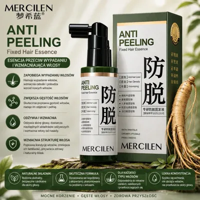 Butelka esencji MERCILEN Anti Peeling z atomizerem i kartonik z zielono-beżowymi detalami