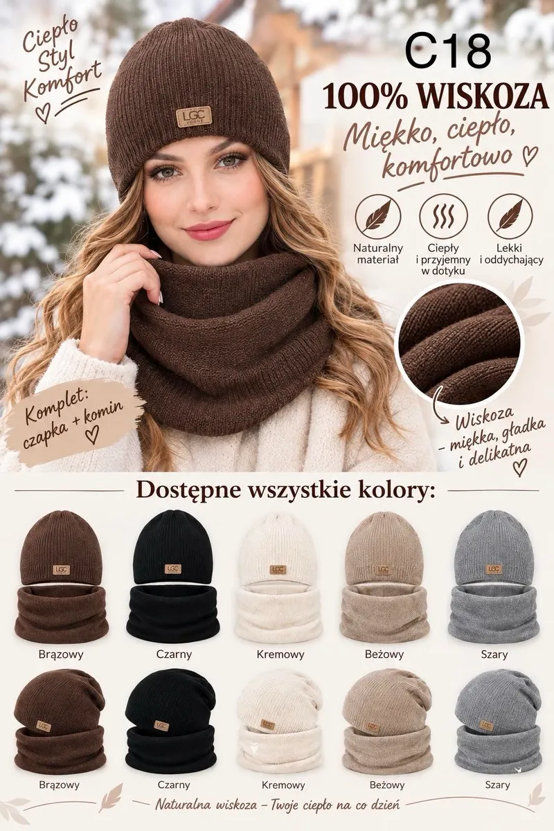 Modelka w brązowej czapce i komin z wiskozy, zestaw dostępny w pięciu kolorach