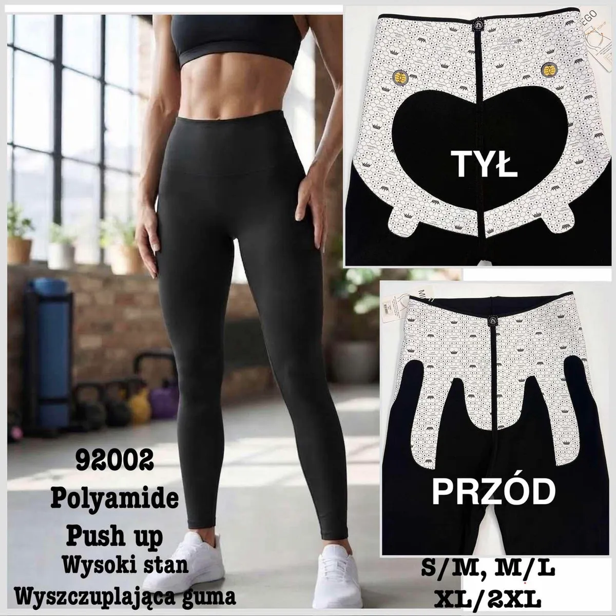 Czarne legginsy push up z wysokim stanem na modelce oraz widok wnętrza z białym wzorem i oznaczeniami przód i tył