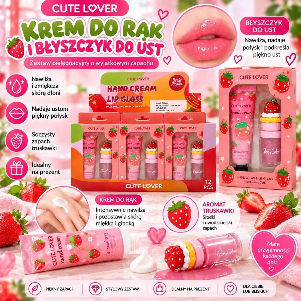 Zestaw kosmetyków Cute Lover krem do rąk i błyszczyk do ust z motywem truskawek w różowym opakowaniu