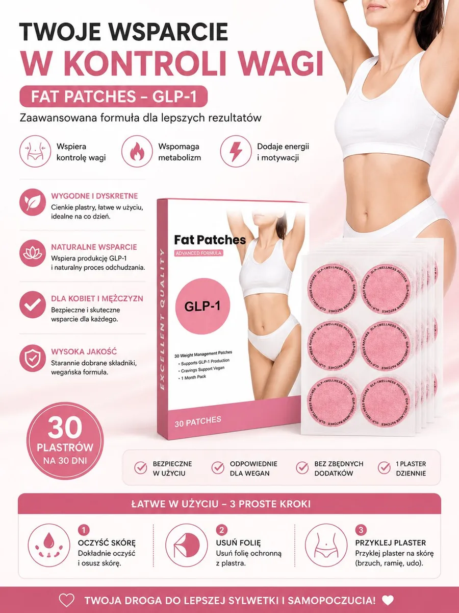 Opakowanie różowych plastrów Fat Patches GLP-1 z instrukcją i zdjęciem kobiety w białym stroju sportowym
