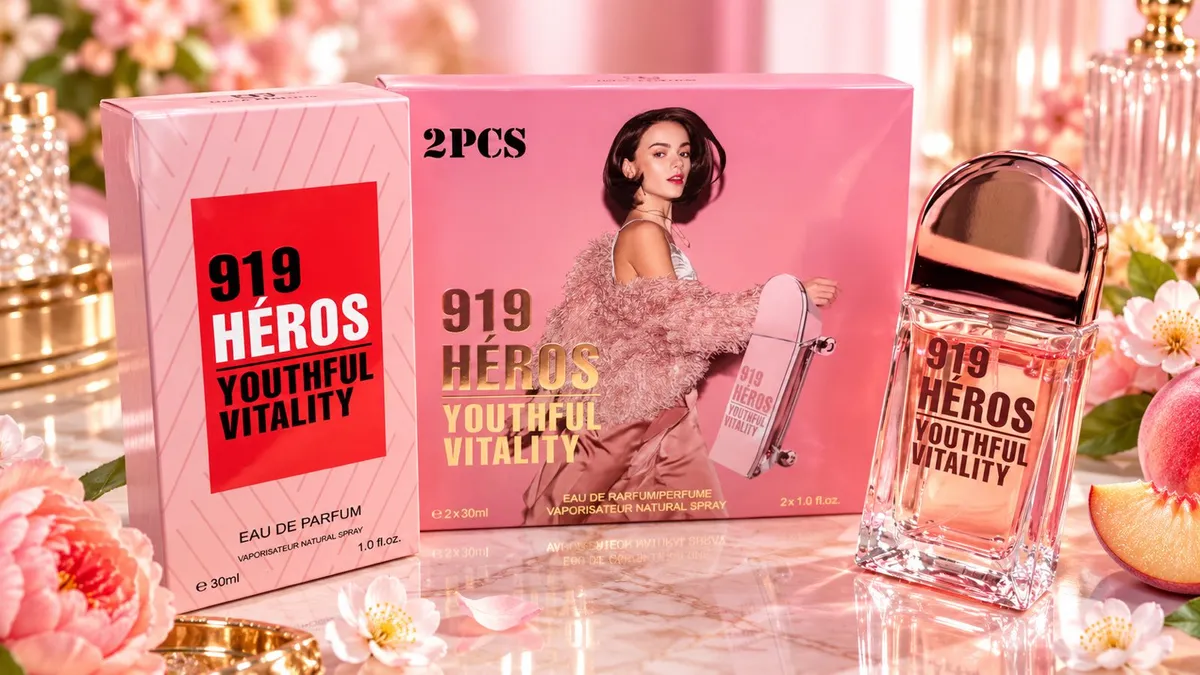 Zestaw perfum 2x50ml Youthful Vitality 919 Héros w różowym opakowaniu z butelką i modelką