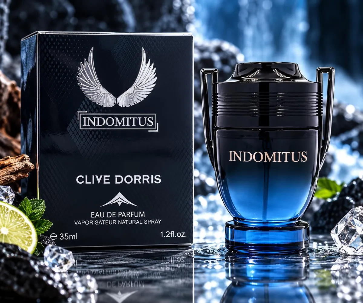 Perfumy Indomitus Clive Dorris 35ml w granatowo-czarnym flakonie obok czarnego pudełka z logo skrzydeł