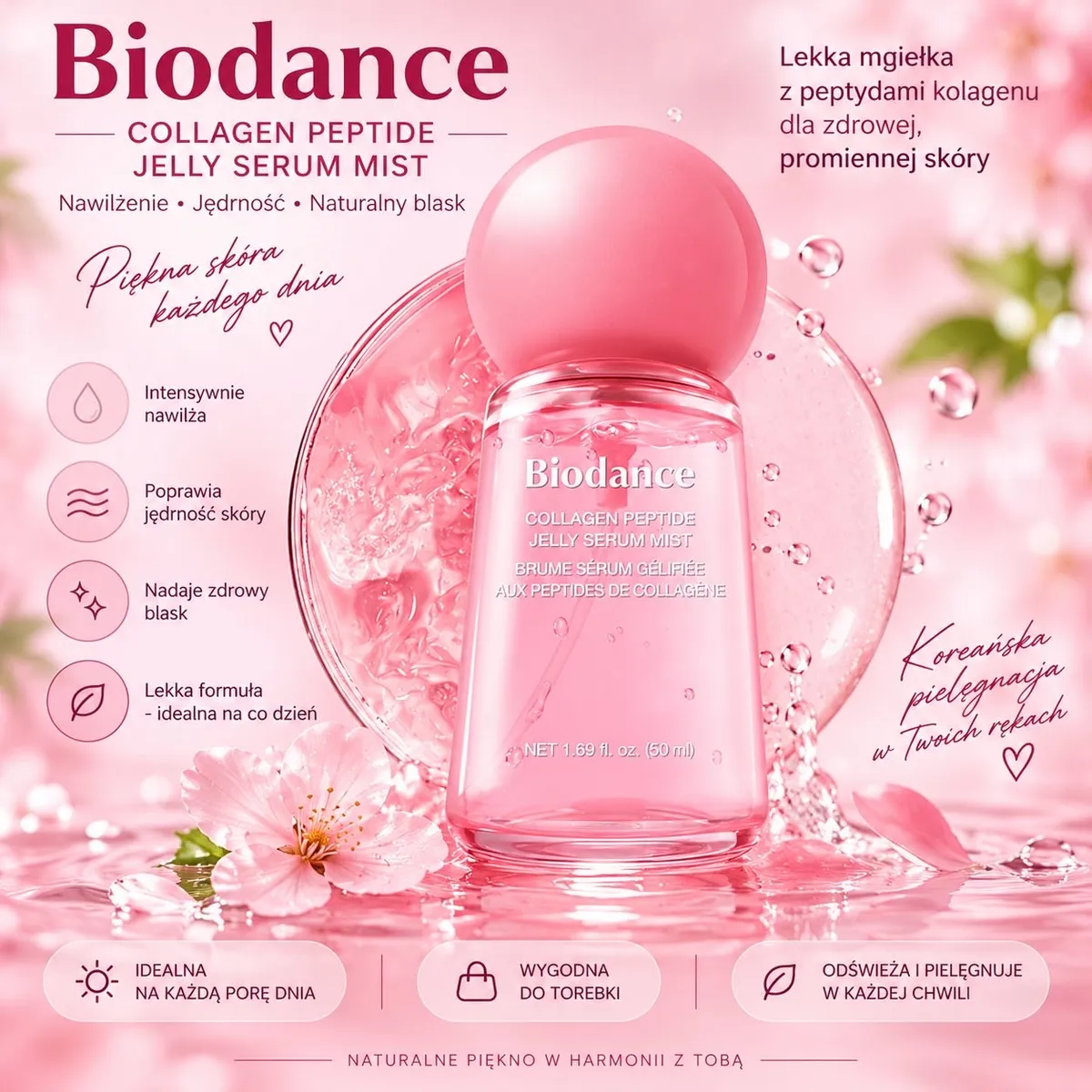 Butelka mgiełki serum Biodance różowa z matowym korkiem na tle różowych kwiatów i wody