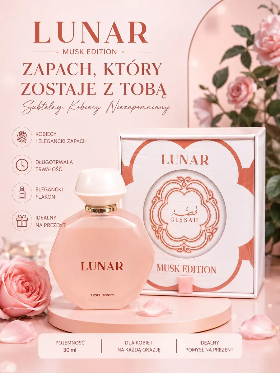 Perfumy Lunar Musk Edition 30ml w matowym różowym flakonie z eleganckim białym opakowaniem