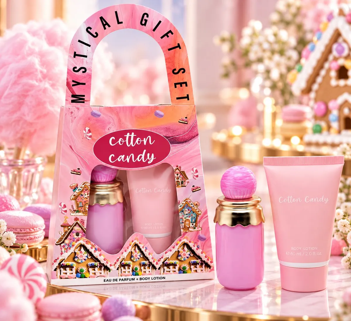 Różowy zestaw prezentowy Cotton Candy perfumy 30ml i balsam 60ml w kartonowym opakowaniu z motywem piernikowych domków