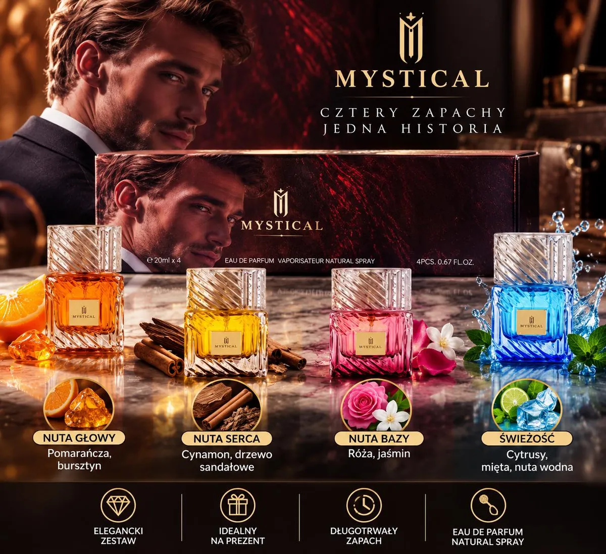 Zestaw czterech perfum Mystical w szklanych flakonach o różnych kolorach i nutach zapachowych