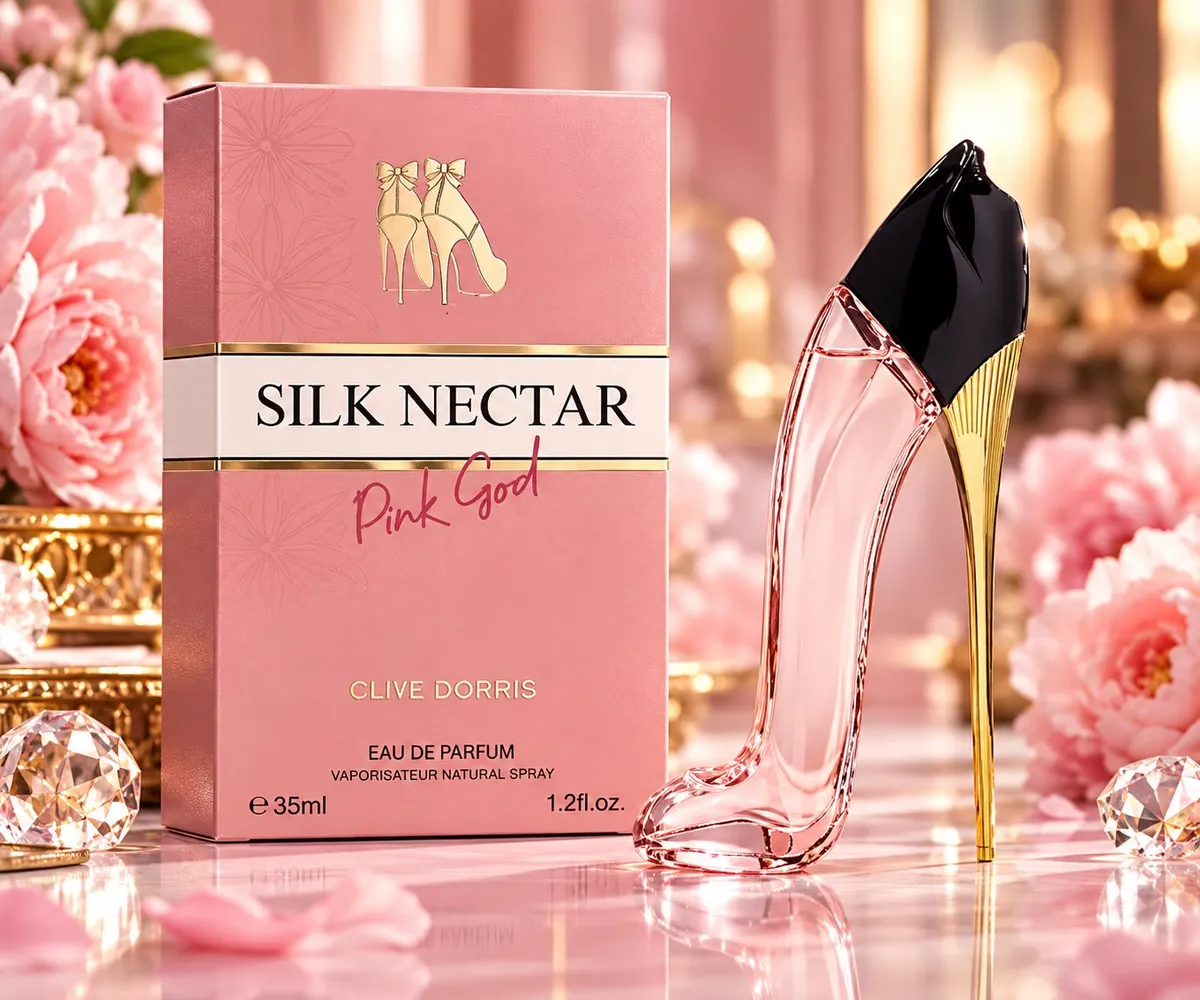 Perfumy Silk Nectar Pink God 35ml w szklanym flakonie szpilce różowo-złotym obcasie z różowym kartonem