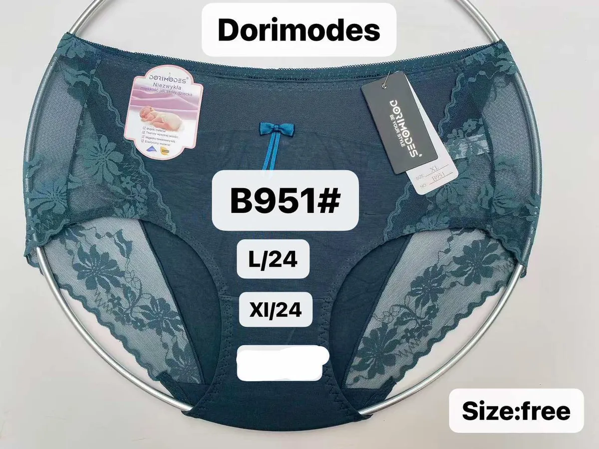 Granatowe majtki damskie z koronkowymi wstawkami i ozdobną kokardką, rozmiar L