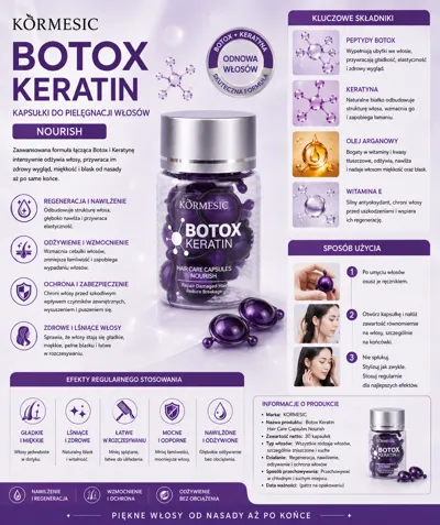 Granatowe kapsułki do pielęgnacji włosów KORMESIC Botox Keratin w plastikowym słoiku z etykietą