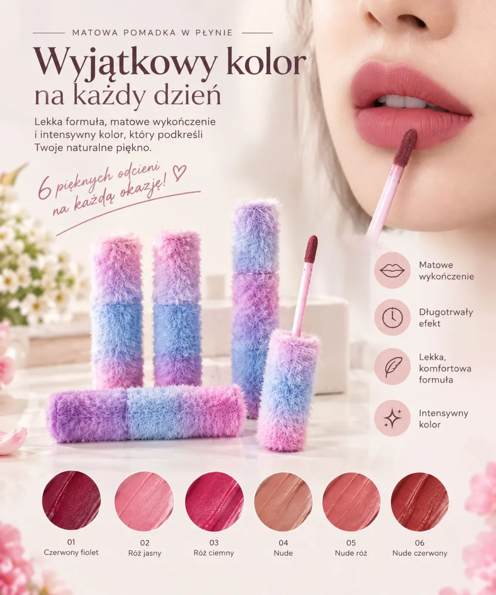 Matowa pomadka w płynie z miękkim aplikatorem i puszystym opakowaniem w pastelowych kolorach