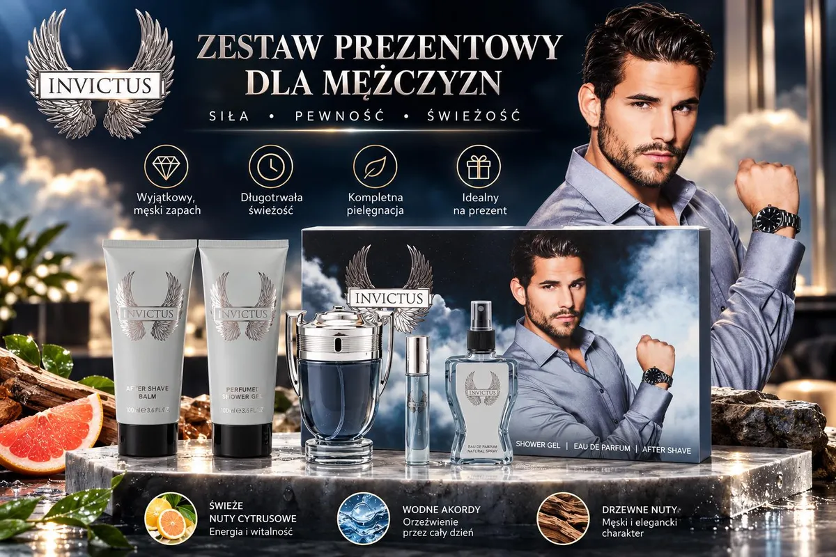 Zestaw prezentowy Invictus dla mężczyzn z balsamem, żelem pod prysznic i wodą perfumowaną w eleganckim opakowaniu