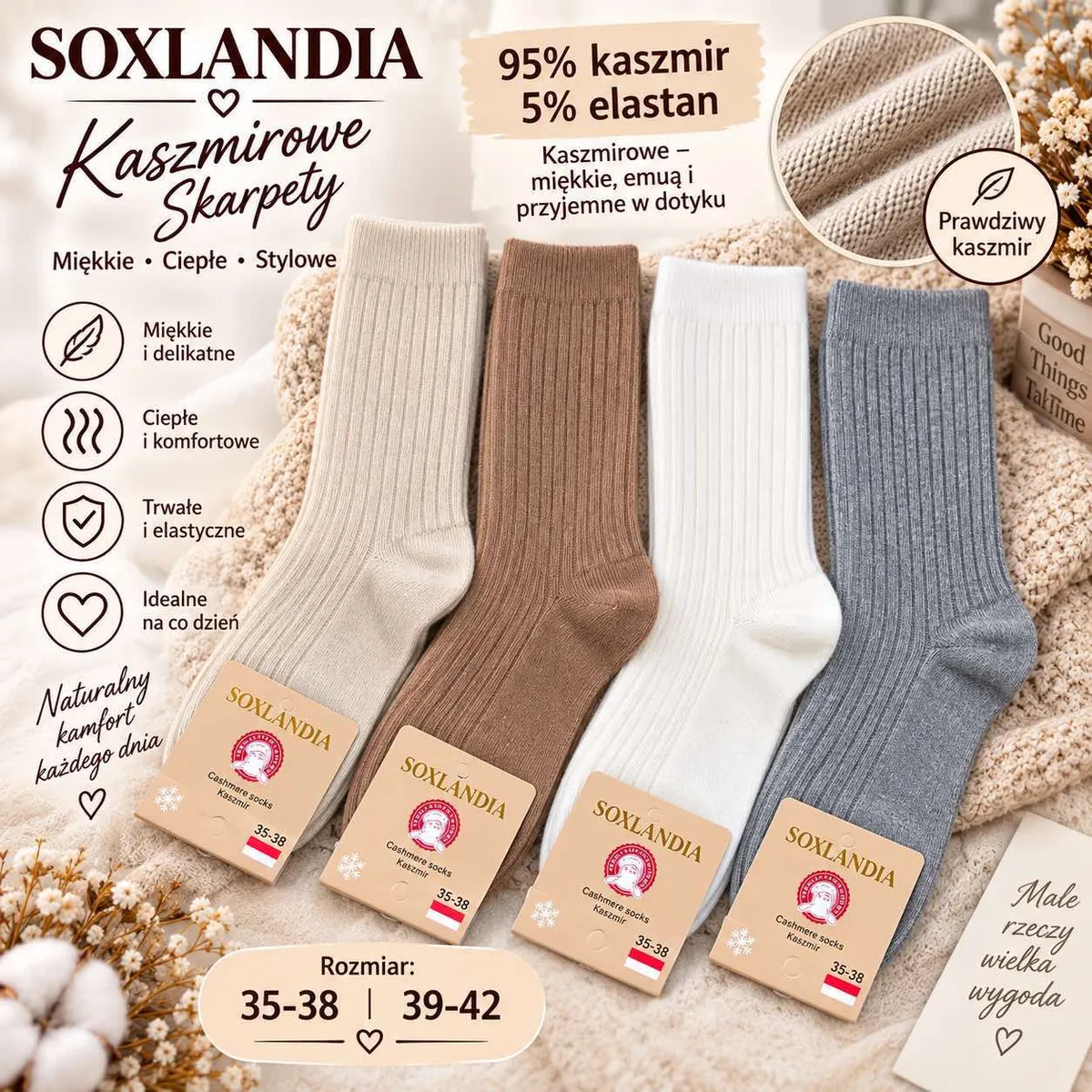 Cztery pary prążkowanych skarpet Soxlandia w kolorach beżowym, brązowym, białym i szarym na jasnym tle