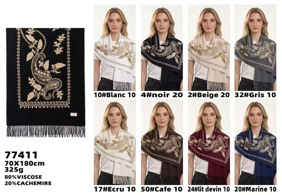 Szalik damski z wzorem paisley w różnych kolorach, modelka prezentuje 8 wariantów kolorystycznych