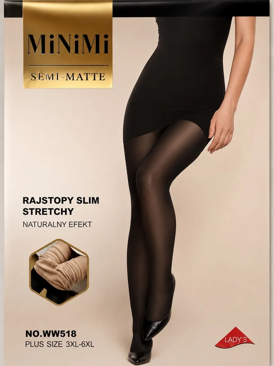 Opakowanie rajstop MiniMi Slim Stretchy czarne plus size 3XL-6XL z modelem w czarnej sukience