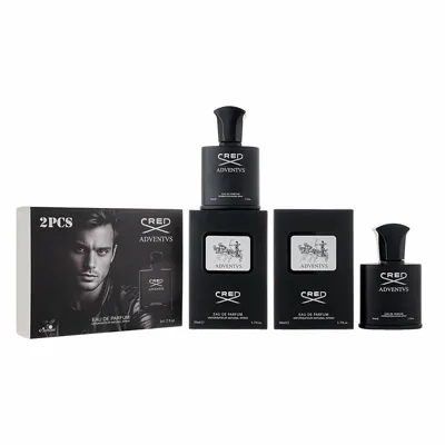 Zestaw dwóch czarnych flakonów perfum CREED Adventus 2x50ml z opakowaniem i grafiką mężczyzny
