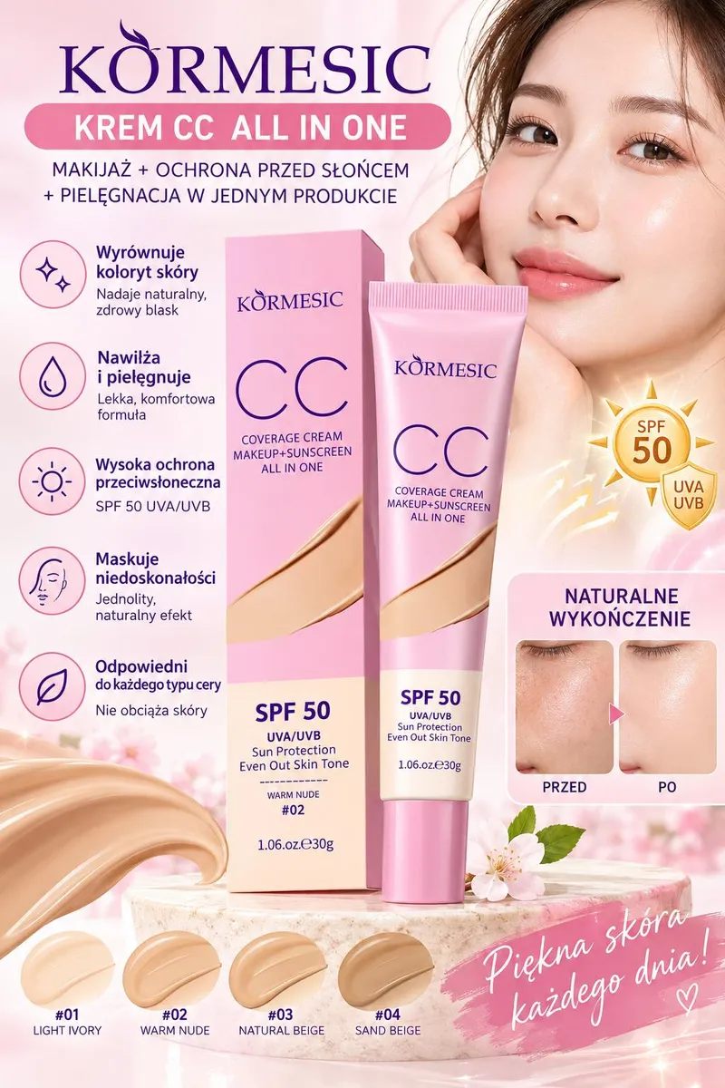 tuba kremu CC KORMESIC SPF 50 w odcieniu Warm Nude z opakowaniem i wizualizacją efektu na skórze