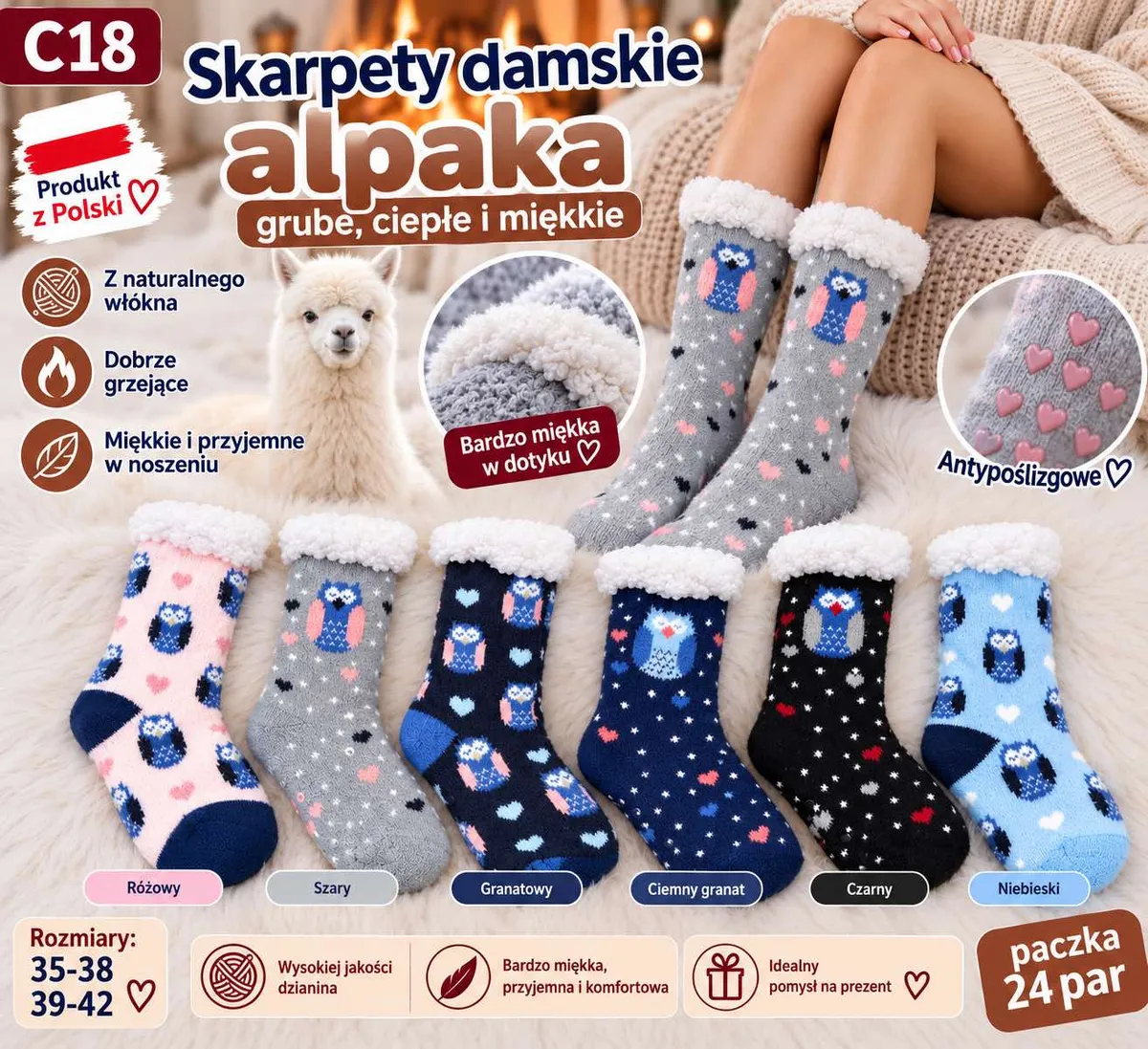 Skarpety damskie alpaka w sześciu kolorach z wzorem sowy i białym puszystym mankietem