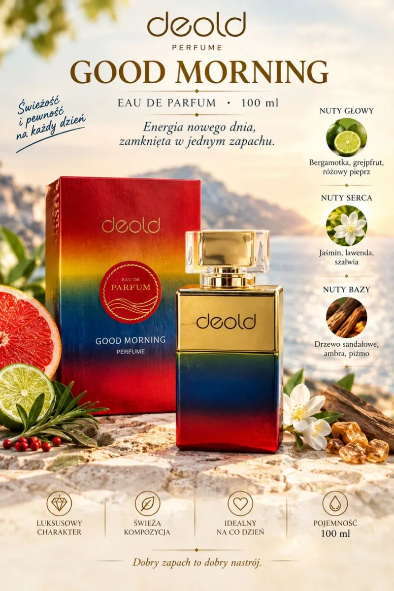 Butelka perfum deold Good Morning 100 ml w złoto-czerwono-granatowym opakowaniu z nutami zapachowymi