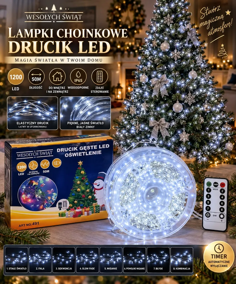 Lampki choinkowe LED drucik 1200 LED 50 m biały zimny z pilotem i opakowaniem na tle udekorowanej choinki
