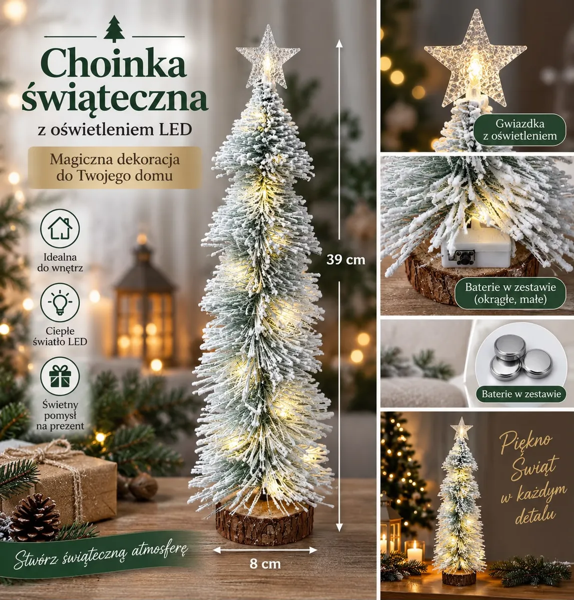 Ośnieżona choinka świąteczna 39 cm z ciepłym oświetleniem LED i gwiazdą na drewnianej podstawie