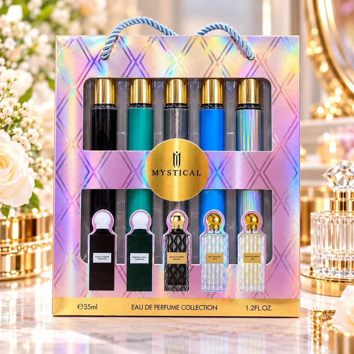 Zestaw pięciu perfum w kolorowych flakonikach z złotymi zakrętkami w holograficznym opakowaniu z niebieskim sznurkiem
