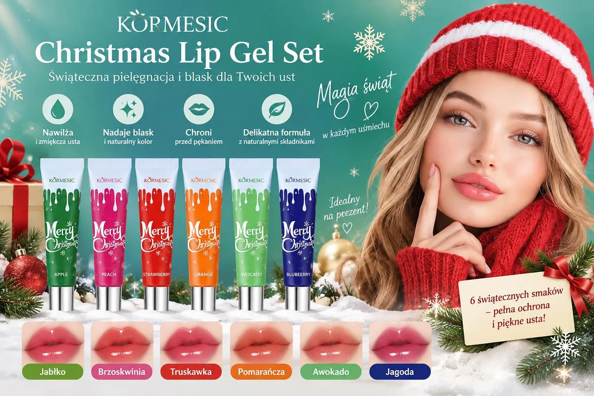 Zestaw 6 tubek świątecznych balsamów do ust w kolorowych opakowaniach z motywem Christmas