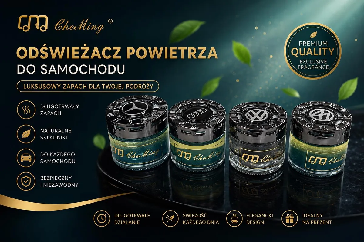 Szklane odświeżacze powietrza do samochodu CHEMling z czarnymi metalicznymi wieczkami i logo aut