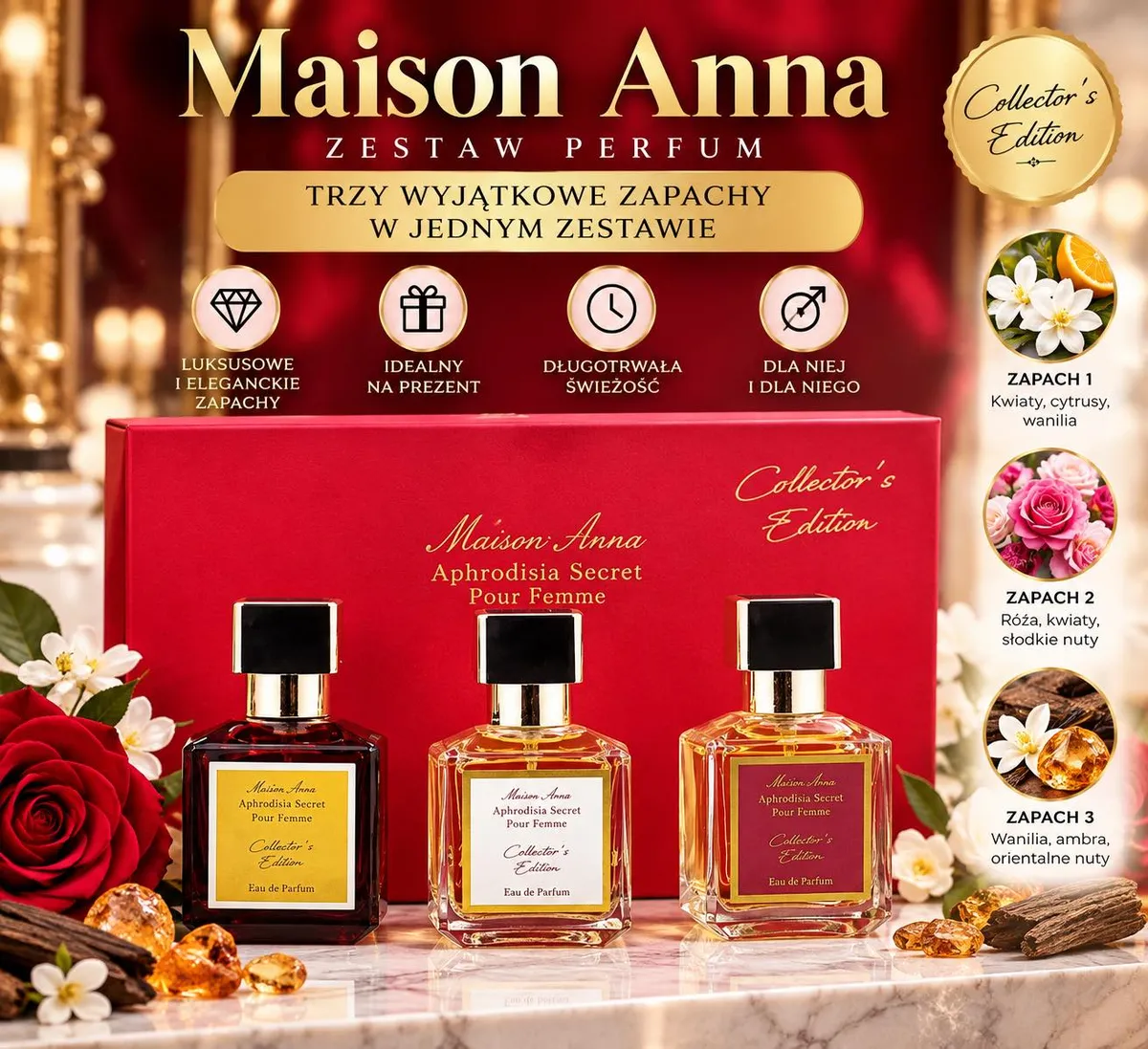 Zestaw trzech perfum Maison Anna Aphrodisia Secret w czerwonym opakowaniu z kwiatami i nutami zapachowymi